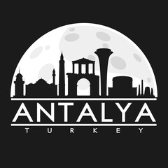 Antalya Turkey Full Moon Night Skyline Silhouette Design City Vector Art.