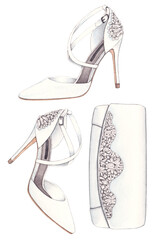 Elegant wedding shoes for woman with jewel handbag