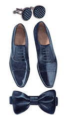 Elegant groom shoes with jewel cufflinks and bow tie