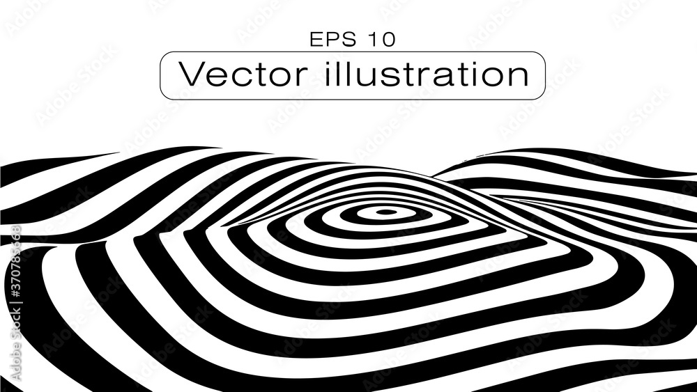 Poster optical illusion wave. abstract 3d black and white illusions. horizontal lines stripes pattern or ba