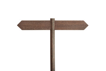 Wooden sign post with two blank boards pointing in different directions isolated on white background. Mock up