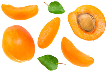 apricot fruits with slices and green leaf isolated on white background. top view. flat lay