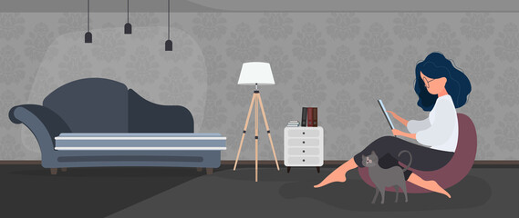 Girl sits on an ottoman and works at a laptop. A woman with a laptop sits on a large pouf. Concept of comfortable work in the office or at home. Vector.