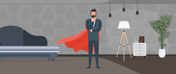 Businessman in a business suit with a red raincoat. Superhero entrepreneur. Successful person concept. Vector.