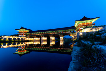Traditional Korean style architecture, WaljungGyo Bridge, in Gyeongju city, South Korea, April 2020