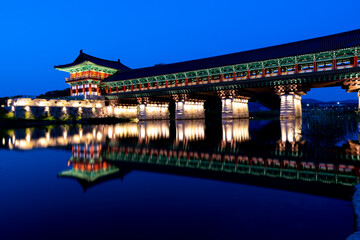 Fototapeta premium Traditional Korean style architecture, WaljungGyo Bridge, in Gyeongju city, South Korea, April 2020