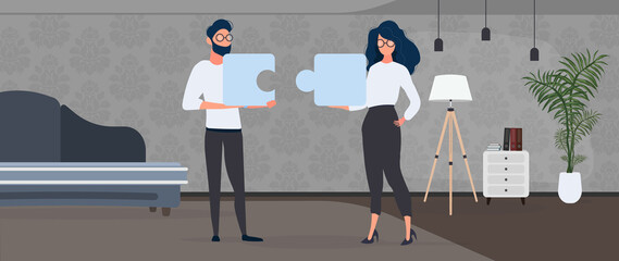 The guy and the girl are holding puzzle pieces. The woman and the man are putting together a puzzle. Office. The concept of teamwork, living together or understanding. Vector.