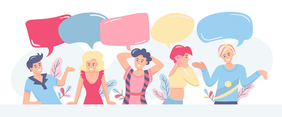 Communication, discussion, feedback concept. Group of people with speech bubbles on white background, space for design. Flat vector illustration