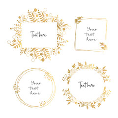 Hand Drawn Golden Floral Set. Gold Wreaths, herbs, and floral borders. Floral Templates for text, logos, scrapbooking, web banners, wedding invitation cards, etc. 