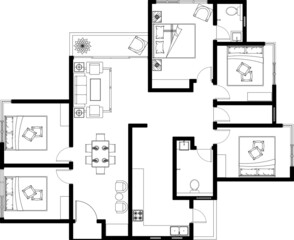 2D CAD layout plan drawing of a luxury condominium with a few numbers of bedrooms complete with two bathrooms, kitchen and living room. Drawing produced in black and white.