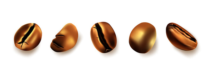 Set of roasted coffee beans, on a white background.