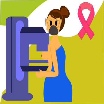 Concept Of Breast Cancer Awareness,  Female Patient Undergoing Mammography Test In Hospital With Wearing Face Mask Because Of Pandemic Of Covid-19, Corona Virus.