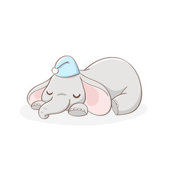 Cute little elephant character sleeping hand drawn vector illustration. Can be used for t-shirt print, kids wear, fashion design, baby shower invitation card, poster, birthday, nursery