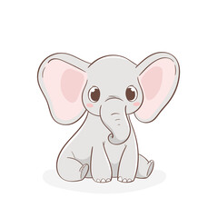 Cute little elephant character hand drawn vector illustration. Can be used for t-shirt print, kids wear, fashion design, baby shower invitation card, poster, birthday, nursery