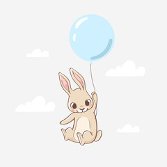 Cute little rabbit character flying on balloon hand drawn vector illustration. Can be used for t-shirt print, kids wear, fashion design, baby shower invitation card, poster, birthday, nursery