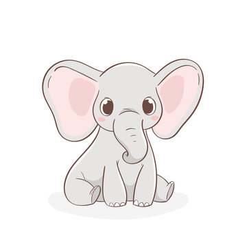 Cute little elephant character hand drawn vector illustration. Can be used for t-shirt print, kids wear, fashion design, baby shower invitation card, poster, birthday, nursery