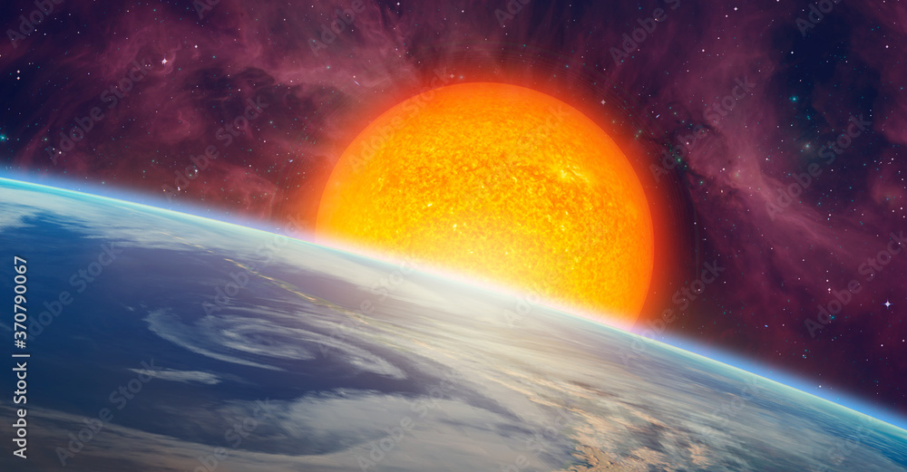 Poster view of earth from outer space with millions of stars around it and sun