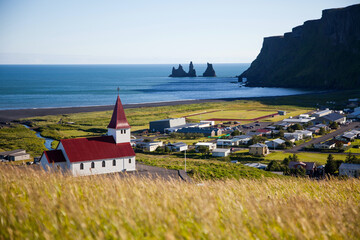 Fototapeta na wymiar View of Vik i Myrdal Church on South Coast of Iceland