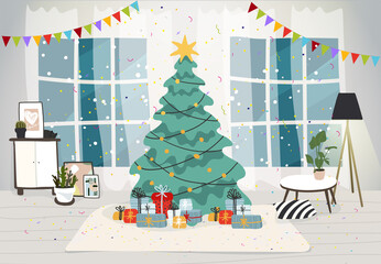 Living room interior decorated for the Christmas holiday. Christmas tree with gifts inside the house, modern interior with furniture and a window. Flat vector illustration