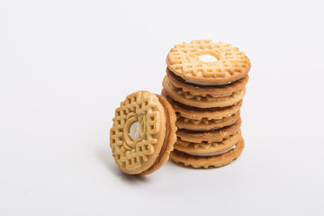 Cream sandwich biscuits on white background