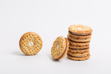 Cream sandwich biscuits on white background