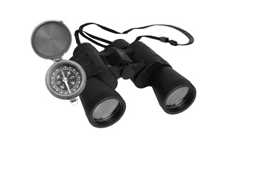 Classic round travel compass and classic travel binoculars isolated on white background