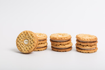 Cream sandwich biscuits on white background