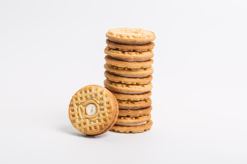 Cream sandwich biscuits on white background