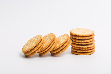 Cream sandwich biscuits on white background