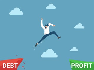 businessman jumping from a debt zone to profitability vector illustration