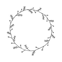 Hand-drawn black and white pattern frame wreath fir branches.
