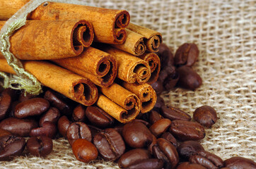 coffee beans and cinnamon sticks
