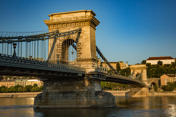 view of the Szechenyi Chain Bridge crossing the Danube river in budapest,  Humgary
