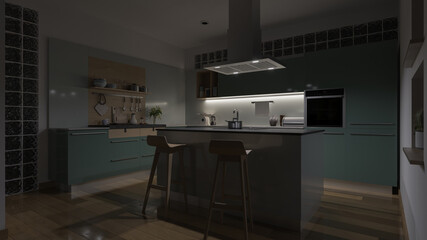 Dimly Illuminated Open Plan Kitchen Design with Glass Bricks and Pastel Green Cabinets 3D Rendering