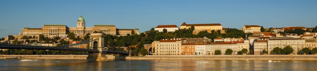 Fototapeta na wymiar The Buda castle and National museum and other buildings line the banks of the Danube river in Budapest, Hungary