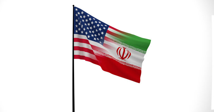 American and Iranian Flag, Floating Flag, Political Relations, Strategic Relations, 3D Render