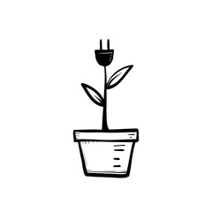 hand drawn Green energy electricity, electric plug icon sign with cord plant leaves doodle