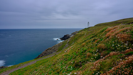 Fototapeta na wymiar Overcast skies and drizzle at Trevose Head Light House, Cornwall, UK