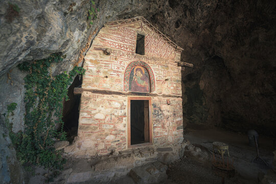 The hermitage and the church of Panagia Eleousa (standing since 1410) at Prespa lake, Florina, Greece