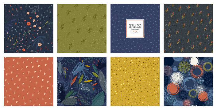 Trendy seamless patterns set. Cool abstract design. For fashion fabrics, kid’s clothes, home decor, quilting, T-shirts, backgrounds, cards and templates, scrapbooking etc. 