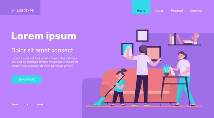 Happy family cleaning apartment flat vector illustration. Cartoon mother, father and daughter housekeeping together. Togetherness, flat, home and household concept