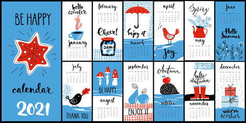 Modern style hand drawn cartoon vector 2021 calendar with hand drawn inky monthly symbols