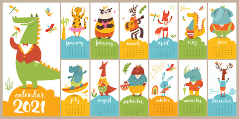 Modern style cartoon vector 2021 calendar with funny cartoon wild animals