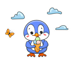 Summer penguin with ice cream. Vector Illustration. 