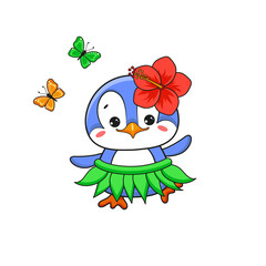 Cute Hawaiian Penguin Girl With Tropic Flower. Vector Illustration.