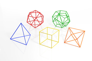 Wireframe of platonic solids. Tetrahedron, hexahedron, octahedron, dodecahedron and icosahedron of different colors isolated on a white background. 3d illustration.