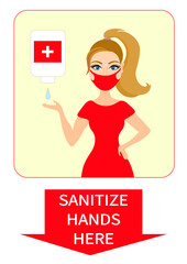 Fototapeta na wymiar Sanitize your hands sign. Young lady applying anti-bacterial gel. Use sanitizer poster.