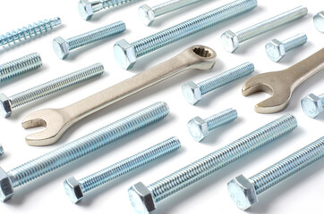 Repair tool. Bolts and wrenches. White background.