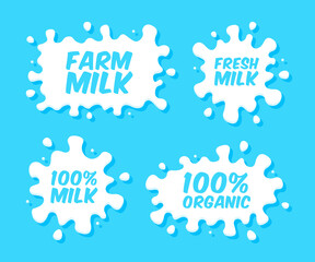 Naklejka na ściany i meble Milk emblems and dairy labels with splashes and blots. Vector milk stains and drops of cream