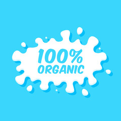 Milk emblem and dairy label with splashes and blots. Vector milk stains and drops of cream. Farm fresh milk.